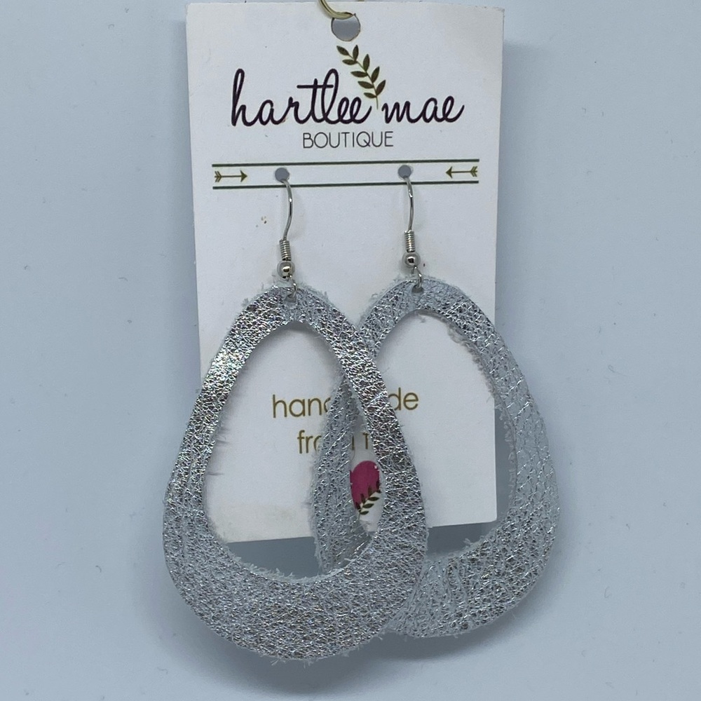 Genuine leather tear drop earrings - silver